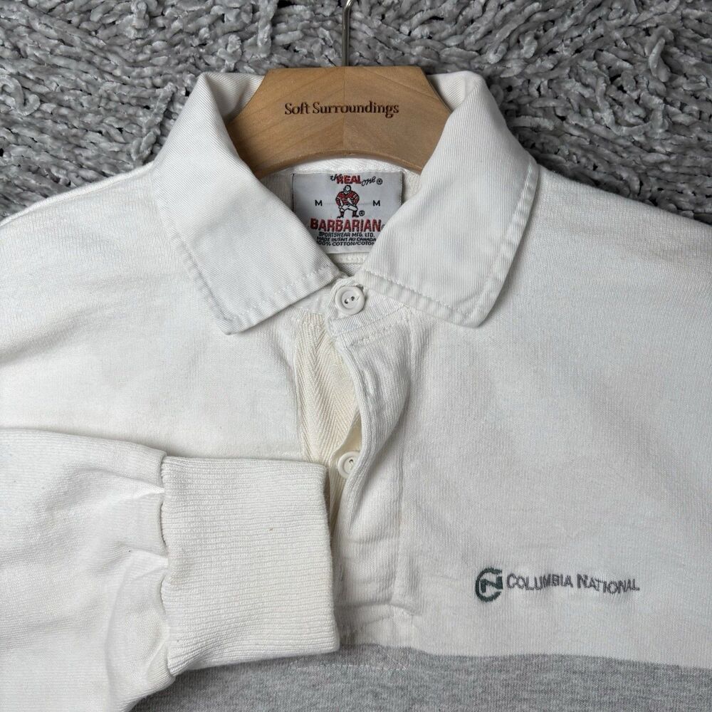 Barbarian Rugby Polo Shirt Mens Medium Long Sleeve White Gray Columbia National